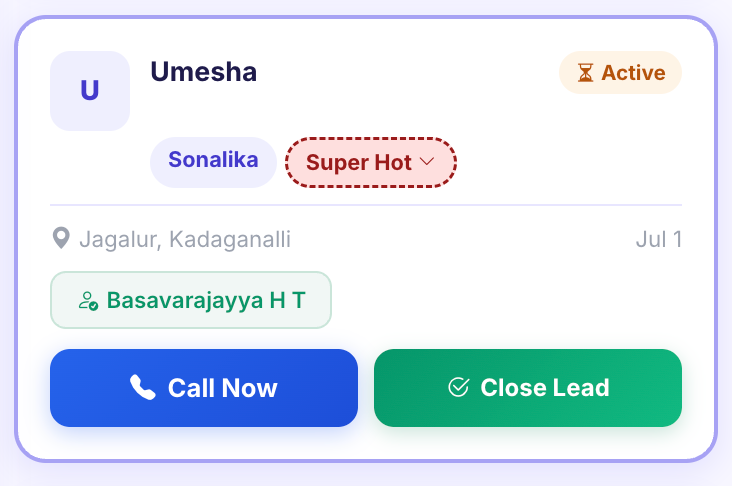 Lead card showing an active, super hot lead with call and close actions